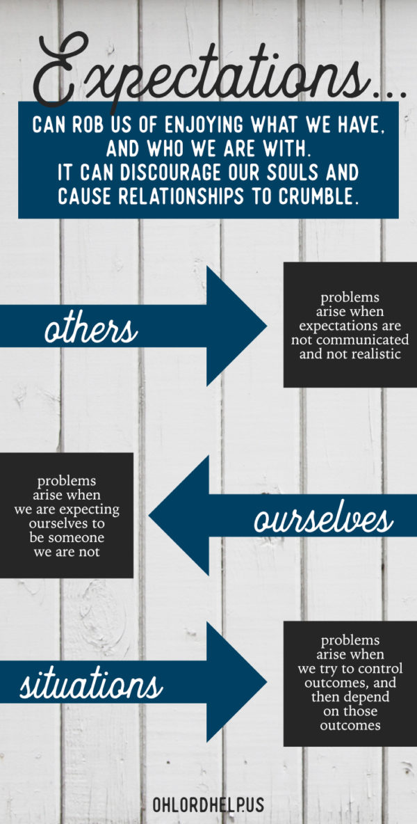 Operating with unrealistic expectations of others, ourselves, and situations, will only lead to frustration and disappointment. Let go of the expectations, and freedom will be found!